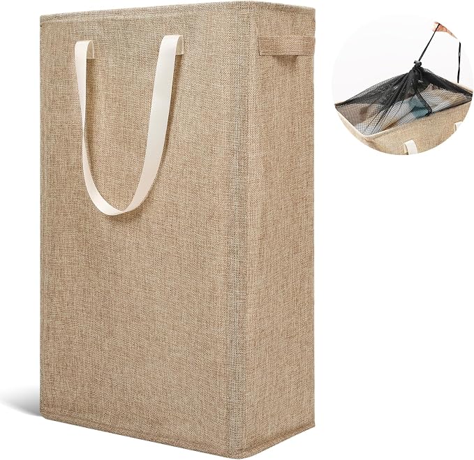 Odonata Slim Laundry Hamper Handles Collapsible Laundry Basket Thin Dirty Clothes Basket Narrow Laundry Bag Foldable Dirty Hamper 45L (Light Khaki) by Odonata