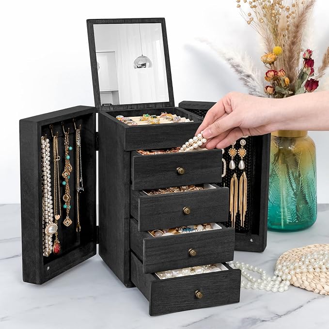 Meangood Jewelry Box Wood for Women, 5-Layer Large Organizer Box with Mirror & 4 Drawers for Rings, Earrings, Necklaces, Black - Image 6
