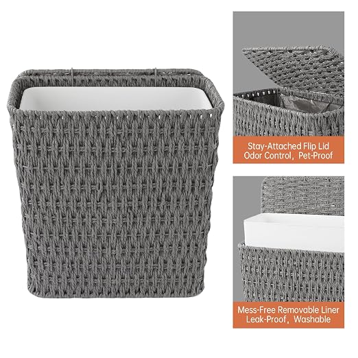 Coeusy 3 Gallon Paper Rope Bathroom Trash Can,Small Wicker Trash Cans with Lid and Liner,Woven Rattan Narrow Waste Basket for Bedroom,Office,Grey - Image 6