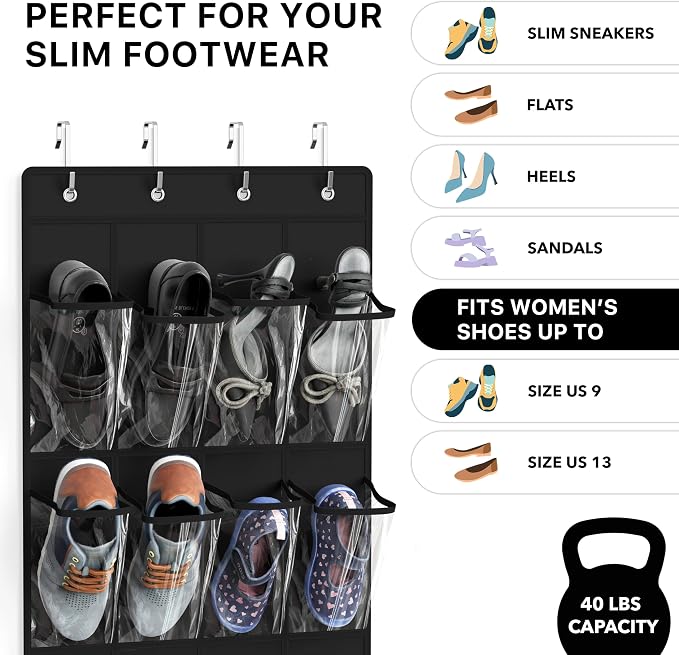 Simple Houseware 24 Pockets - Crystal Clear Over The Door Hanging Shoe Organizer, Black (64'' x 19'') - Image 3