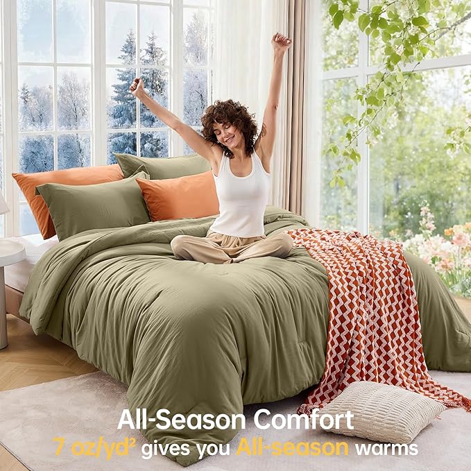 MUXHOMO King Size Comforter Set, All Season Ultra Soft Down Alternative Bedding - 3 Piece Lightweight Bed Set Includes 1 Comforter (104"x90") and 2 Pillow Shams (20"x36"), Olive Green