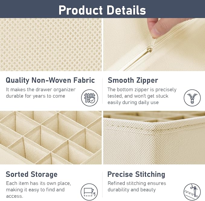 Joyoldelf Sock Drawer Organizer Divider 4 Packs Underwear Organizer, 2 x 24 Cell + 2 x 16 Cell Closet Organizers and Storage Sock Holders for Storing Socks, Handkerchiefs, Ties, Belts (Beige) - Image 3