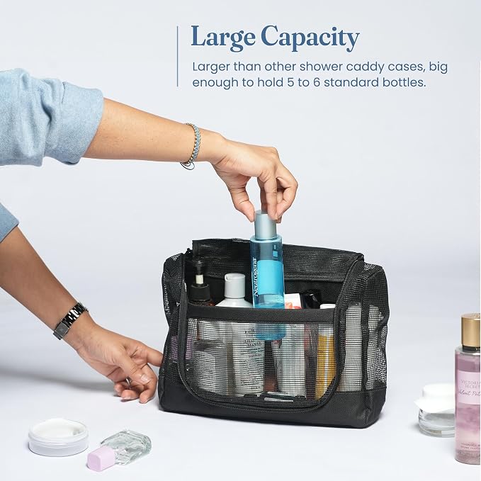 The Fine Living Portable Latex Mesh Shower Caddy Tote Bag, Gym Shower Caddy Hanging Organizer with Metal Hook, Dorm Room Essentials, Travel Toiletries, Camping RV Essentials, Black 12”x3”x8” - Image 4