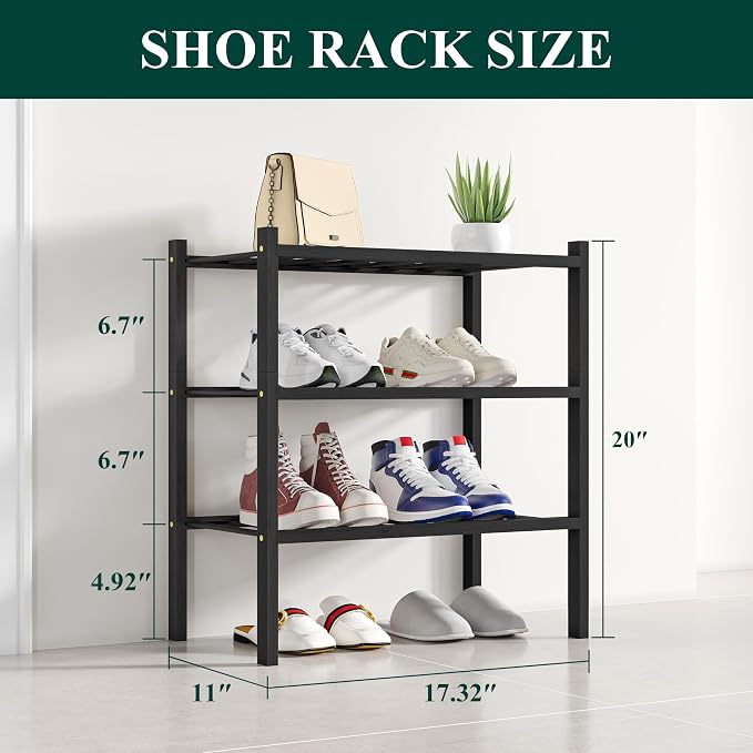Smiry Shoe Rack, 3 Tier Small Bamboo Shoe Organizer, Stackable Free Standing Wooden Shoe Storage Shelf for Closet, Entryway, Front Door Entrance, Black - Image 2