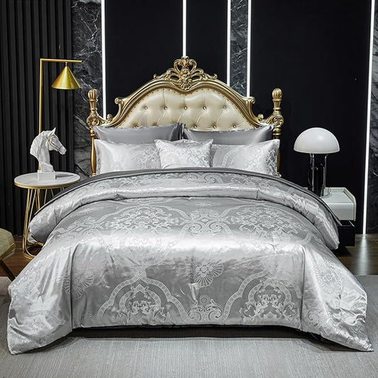 Grey King Comforter Set Jacquard Bedding Set 8 Pcs Satin Sheet Set Vintage Neoclassical Floral Elegant Bed Home Decor Soft Down Comforter Luxury Hotel Silky Bed in a Bag with 1 Cushion Cover
