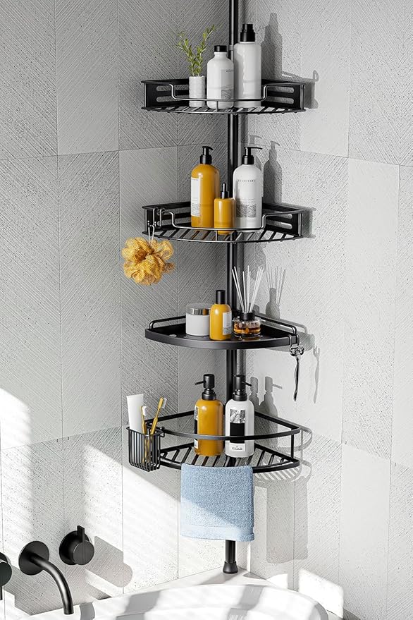HAMITOR Corner Shower Caddy Tension Pole: Quick Installation 4-Tier Rustproof Bathroom Organizer Shelves for Bathtub Shampoo Storage - 47-121 inch Adjustable Floor Standing Bath Rack Holder - Black by HAMITOR