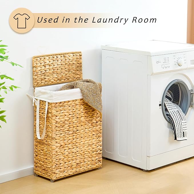 Handwoven Slim Laundry Hamper with Lid, 55L Natural Water Hyacinth Basket and Handles, Narrow Wicker Laundry Basket with Removable Liner Bag & 2 Mesh Bags - Image 5
