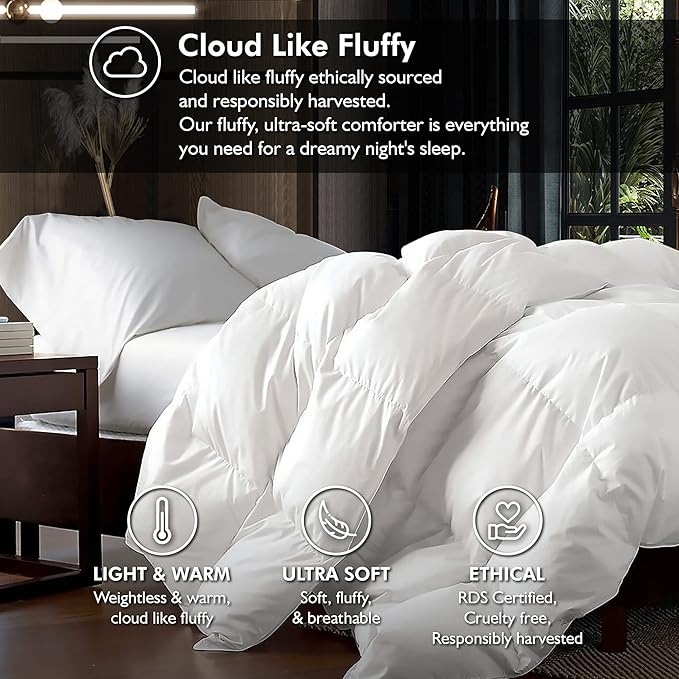 Luxurious Full Size Goose Down Fiber Waterfowl Feather Fiber Comforter Duvet, 100% Egyptian Cotton Cover, 45 oz. Fill Weight, Baffle Box Design, White Solid
