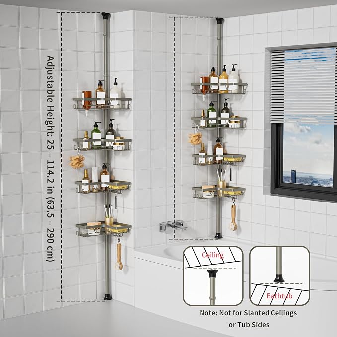 KEGII Shower Caddy Tension Pole, 4-Tier Rustproof Adjustable Corner Bathroom Organizer for Renters, 25–114.2 Inch No Drill Space-Saving Shower Storage Rack, Silver Gray - Image 6