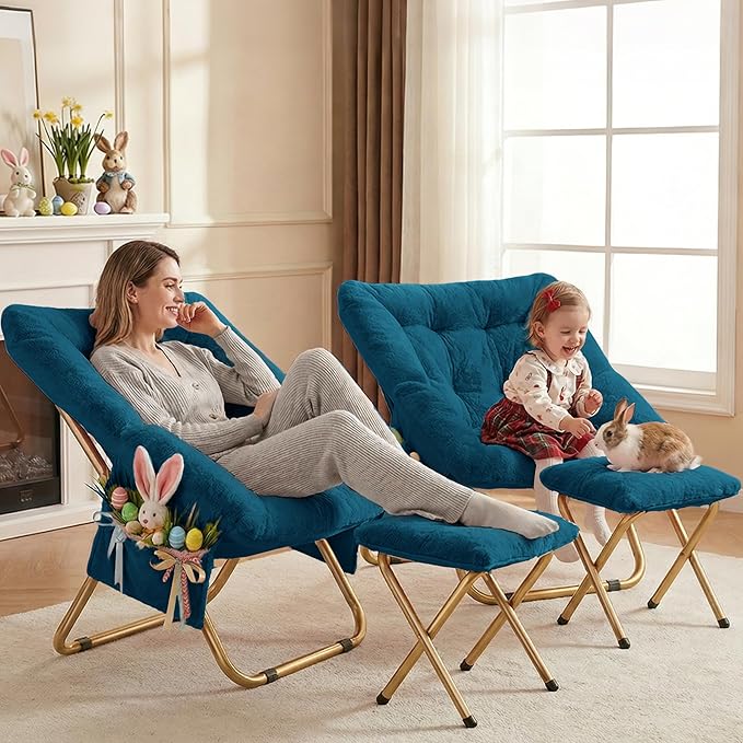 Kasunpul Comfy Saucer Chair, Foldable Living Room Chairs, Soft Faux Fur Lounge Chair for Bedroom, Reading Chairs for Adults, Teens, X-Large (Teal Blue)
