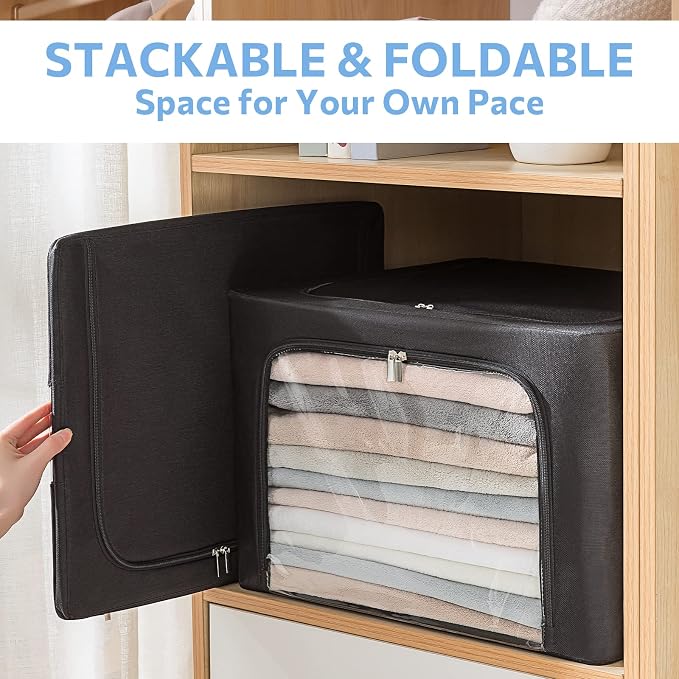 CYhom 3Pack Frame Storage Box - Clothes Storage Bin Bags Oxford Fabric Foldable Stackable Container Organizer Set with Clear Window & Carry Handles (Black, Large-66L) - Image 8