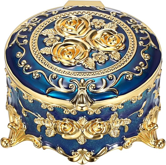 Hipiwe Vintage Jewelry Box Metal Keepsake Box Round Treasure Storage Case for Ring Earrings Necklace Holder Wedding Birthday Gift for Woman, Blue, 5.7" L x 5.1" W x 3.5" H - Image 9