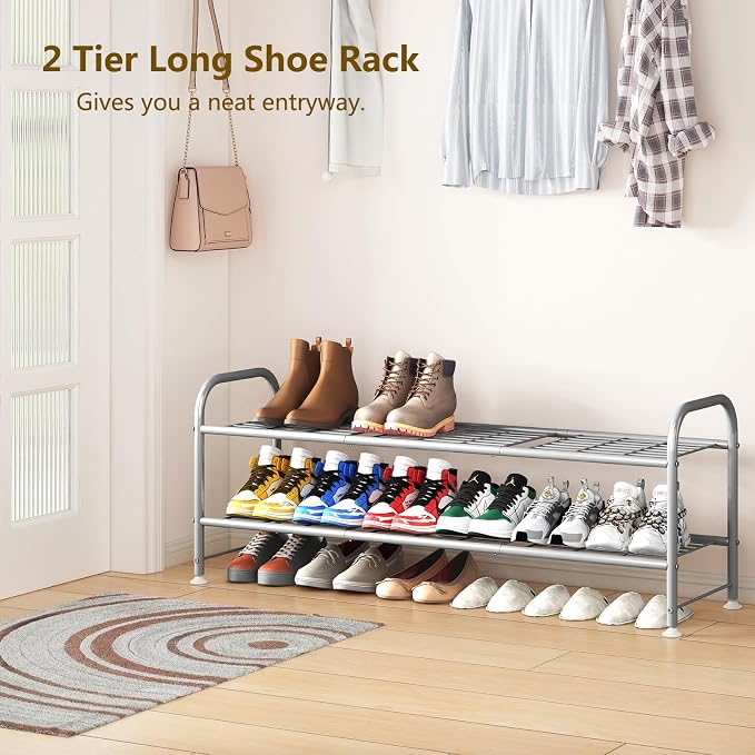 LINZINAR Shoe Rack 2 Tier Storage Organizer for Closet Entryway Metal Grey - Image 3