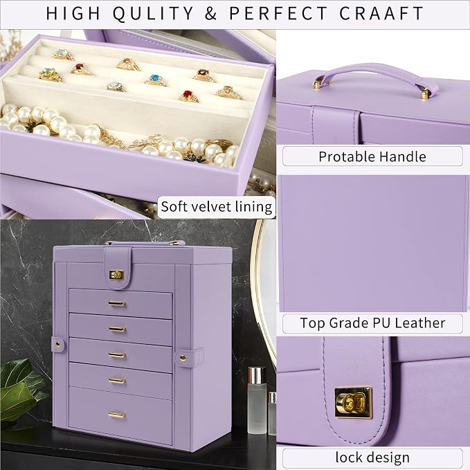 AKOZLIN Large Jewelry Box Organizer Functional with Big Mirror, Leather Jewelry Storage Case for Women Girls Ring Necklace Earring Bracelet Holder Organizer Violet - Image 4