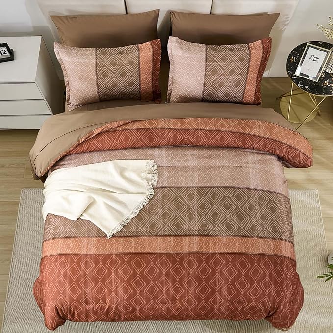 Dinjoy Boho Queen Comforter Set Red Brown,7 Piece Bed in a Bag Queen Size Warm Striped Bedding Sets with Plaid Fall Comforters Bed Set with Sheets for Family All Season