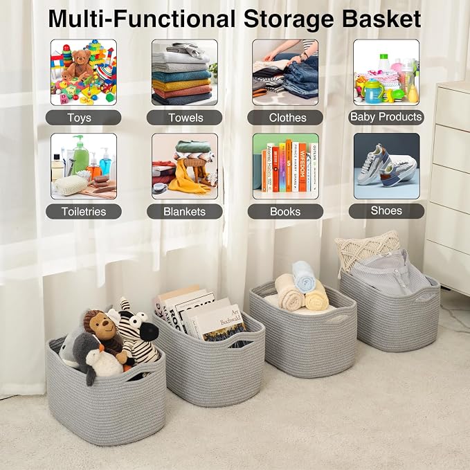 ICERZCZ Storage Baskets for Organizing & Shelves, Woven Cotton Rope Organization Bins for Dog Toys, Clothes, Books, Nursery Organizer, 15" Lx11 Wx9.5 H, (4 Packs) Grey - Image 4