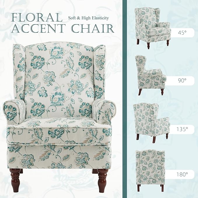 MELLCOM Floral Accent Chair, High Back Upholstered Armchair with Solid Legs, Leisure Single Sofa Chair for Living Room, Bedroom, Home Office, Light Cyan Floral