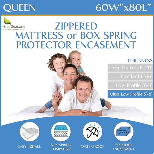 Queen Size Mattress or Box Spring Encasement (5" to 8" Depth) – Low Profile Waterproof Zippered Protector Bed Cover, Noiseless, Machine Washable