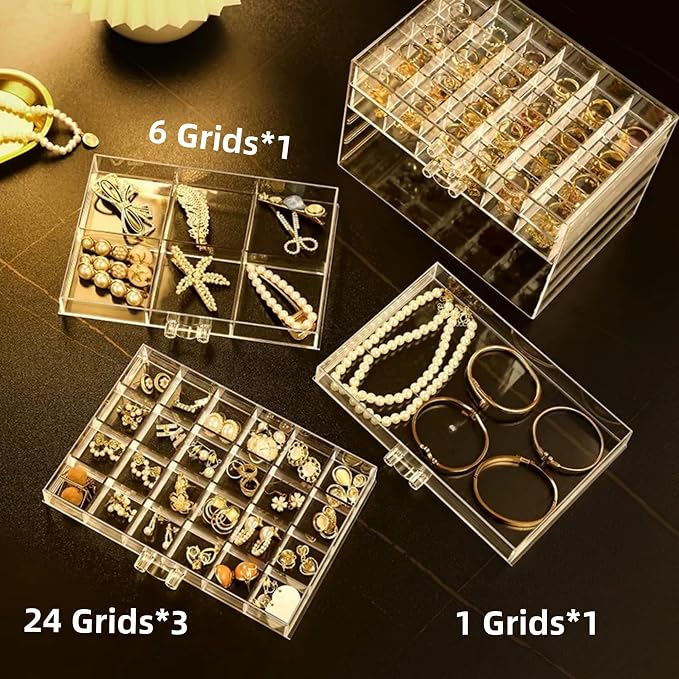 Feadily Acrylic Jewelry Organizer Box, Jewelry Drawer Organizer With 5 Drawers 79 Grids, Clear - Image 3