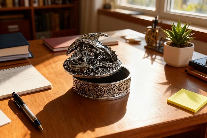 Dragon Statue Jewelry Box, Medieval Fantasy Myth Dragon With Cover Treasure Box, Dragon Statue Decoration Collection Gift Box. (Sliver) - Image 3