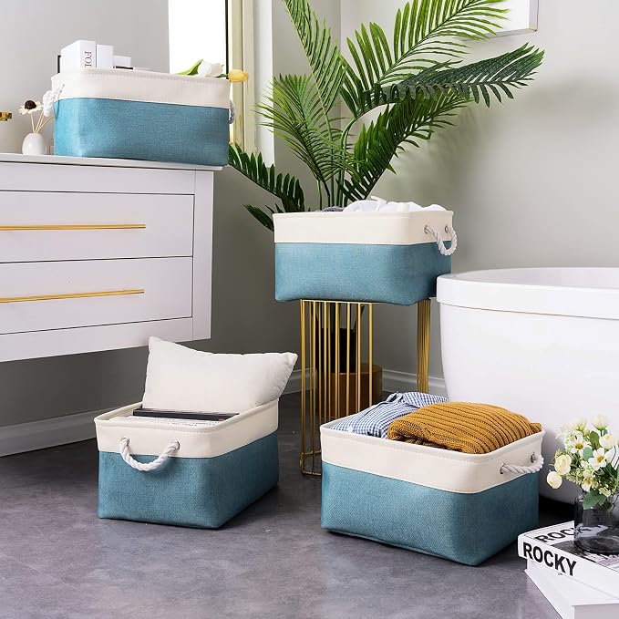 TheWarmHome Fabric Storage Bin with Handles,Storage Basket for Home Storage and Organization, Shelf Basket with Cover for Living Room Bedroom Closet（White & Green Large,15.7L*11.8W*8.3H - Image 2