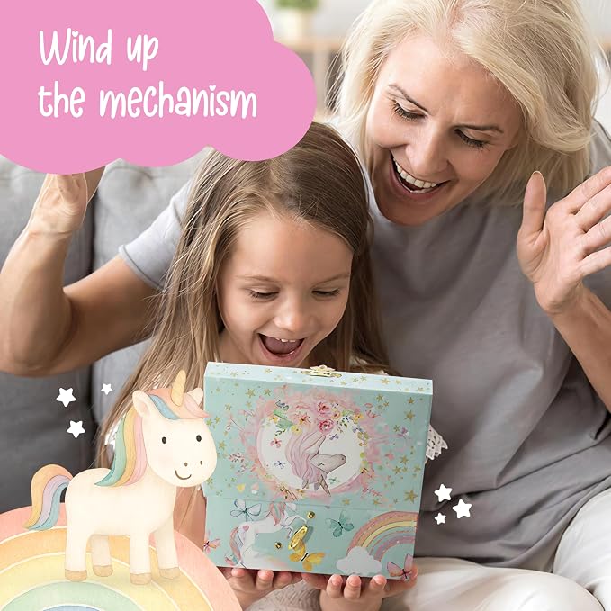 The Memory Building Co Unicorn Musical Jewelry Box Plays Classic Melody, Storage Organizer Music Box for Kids Ages 6-12, MDF Wood w/ 2 Fabric Lined Ring Bracelet Necklace Treasure Compartments - Image 6