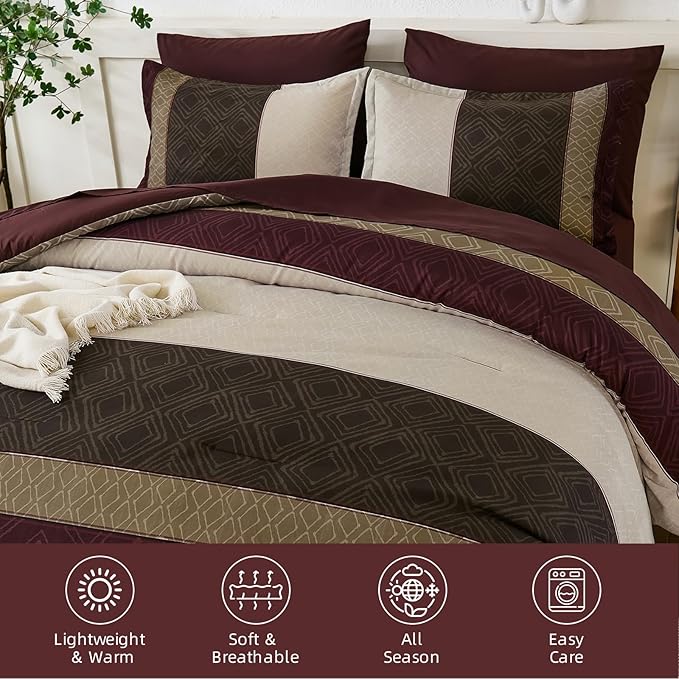 Dinjoy Burgundy King Size Comforter Set,Striped Boho Bed in a Bag King 7 Pieces Soft Fall Bedding Comforters Sets wiht Sheets Microfiber Complete Bed Sets for All Season