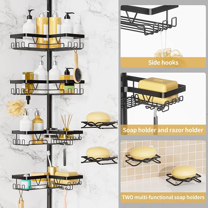 DAOYA Corner Shower Caddy + 2 Soap Holders, 4 Tier Shower Caddy Tension Pole Stainless Steel Black, Extends 25-114.2 Inches, for Bathroom Organizers and Storage, Renter-Friendly and Gift Idea - Image 4