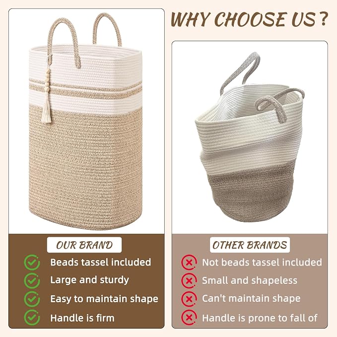 Woven Laundry Basket for Clothes, 80 L Large Rectangle Laundry Hampers with Beads Tassel, Nursery Storage Basket for Toys, Tall Dirty Clothes Hamper for Bedroom Aesthetic, Laundry Room Organization - Image 4