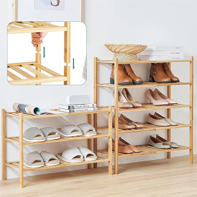 viewcare 6-Tier Bamboo Shoe Rack for Entryway, Stackable | Foldable | Natural, Shoe Organizer for Hallway Closet, Free Standing Shoe Racks for Indoor Outdoor - Image 6