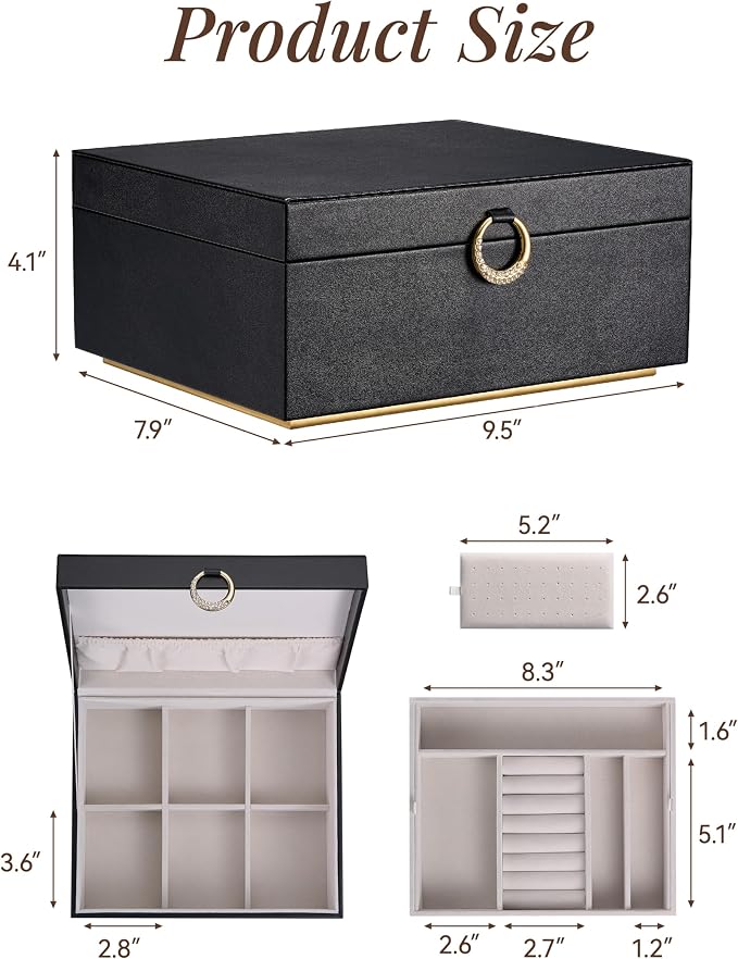 pickpiff 2 Layer Jewelry Box Organizer for Women, Jewelry Organizer with Handle & Removable Tray, Necklace Holder Ring Earring Storage, Velvet Lined Jewelry Case for Home or Travel, Gift Ready, Black - Image 6