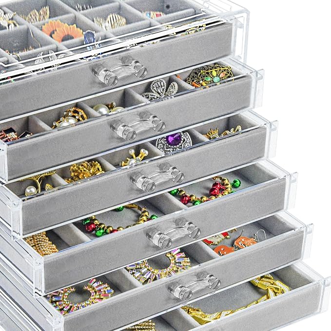 Watpot Acrylic Jewelry Box with 6 Drawers, Clear Earring Storage Organizer Display Case for Women Girls, Gray - Image 6