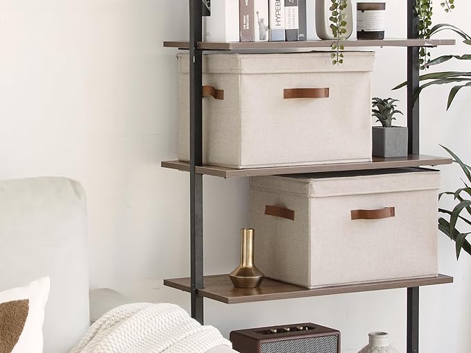 StorageWorks Fabric Storage Bins with Lid, Decorative Storage Boxes for Shelves, Stackable Closet Organizer Basket with Handles, Large, Brown and Beige, 2-Pack - Image 6