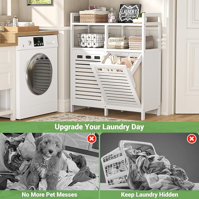 Homykic Tilt Out Laundry Hamper Cabinet, Bamboo Double Laundry Hamper with 2 Removable Laundry Baskets, 20 Gal Laundry Sorter Organizer with Shelf for Dirty Clothes, Bathroom, Laundry Room, White - Image 5