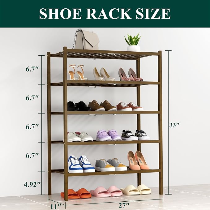 Smiry Shoe Rack, 5 Tier Thick Bamboo Shoe Organizer, Stackable Free Standing Wooden Shoe Storage Shelf for Closet, Entryway, Front Door Entrance, Walnut - Image 2