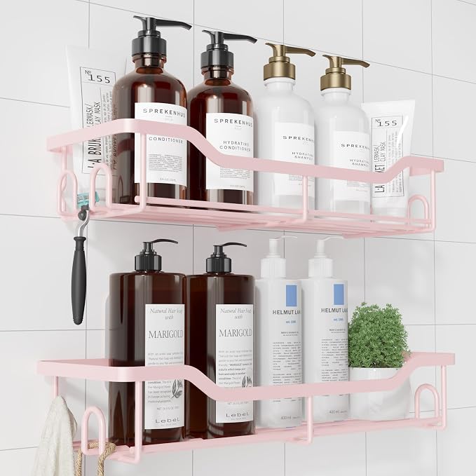 Kitsure Shower Caddy Large - Adhesive Shower Organizer, Stainless Steel Shelf for Inside Shower, No Drill Bathroom Organizers and Storage, Home Decor Accessories, 2 Pack, Pink by Kitsure