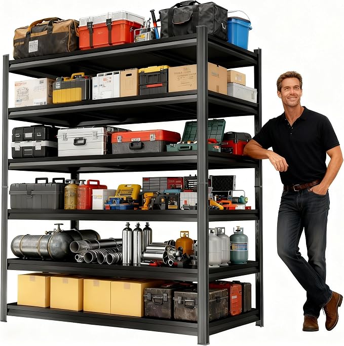 82''H Metal Garage Shelving Unit, Heavy Duty Garage Storage Shelves, Adjustable Shelf for Warehouse, Kitchen, Basement, Double-Layer Columns Black 82×40×16in-6Tier by FlyDzrewtGarageShelving