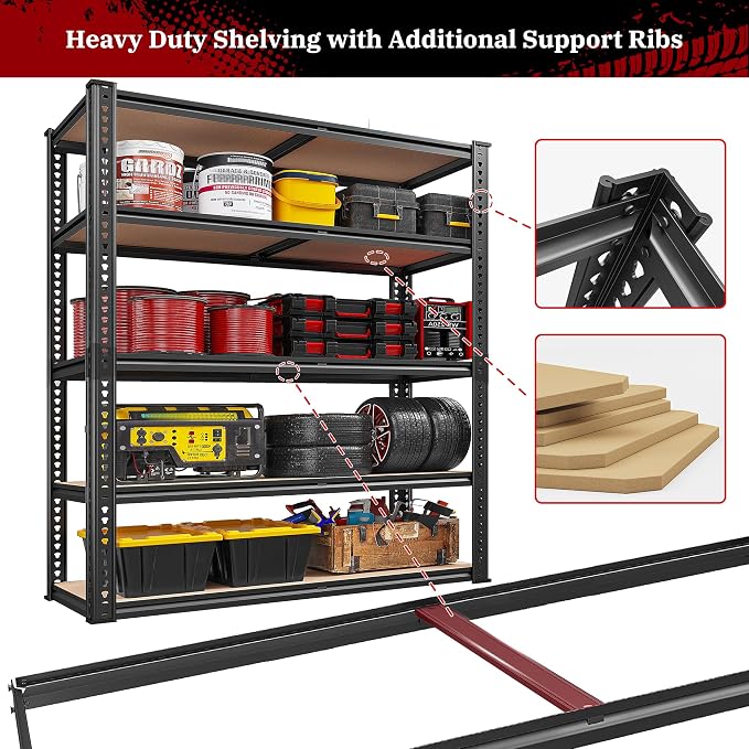 REIBII 40" W Garage Shelving 2500LBS Storage Shelves 72" H Metal Shelving 5 Tier Metal Shelves Adjustable Pantry Shelf for Garage Closet Kitchen Basement 40" W x 19.7''D x 72''H - Image 7