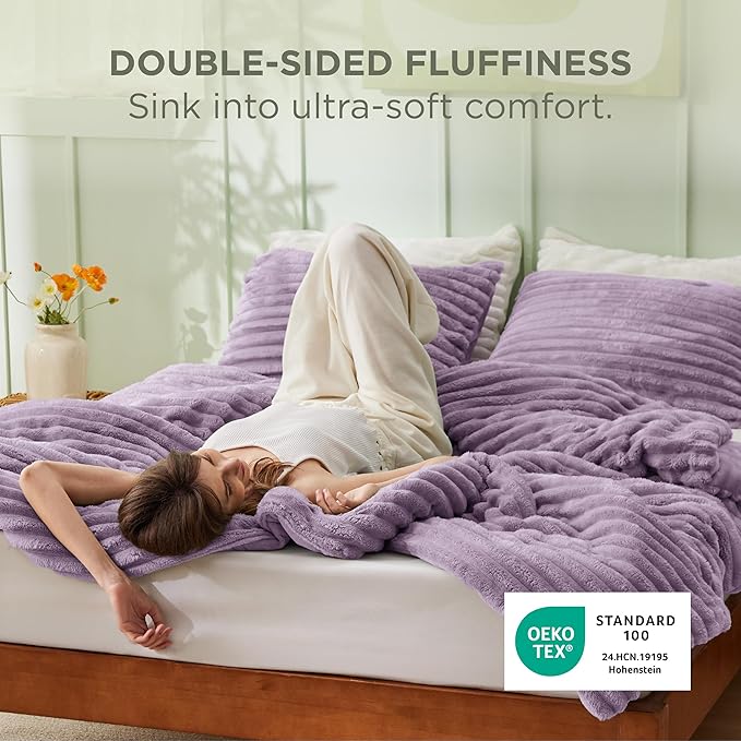 Bedsure Comforter Set Queen Size - GentleSoft™ 3 Pieces Double-Side Fleece Fluffy Lavender Comforter Set, Cozy Striped Room Decor Aesthetic, Luxury Bedding Queen Size, 2 Pillowcases, 90x90 Inches