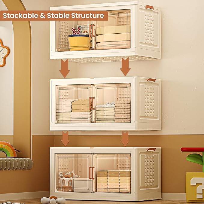 FINCHESCLUB 568QT XL Stackable Storage Bins with Lids, 141Gal Foldable Storage Bins with Doors, Wheels and Lights - Collapsible Closet Cabinets for Home Office - 3 Pack - Off White