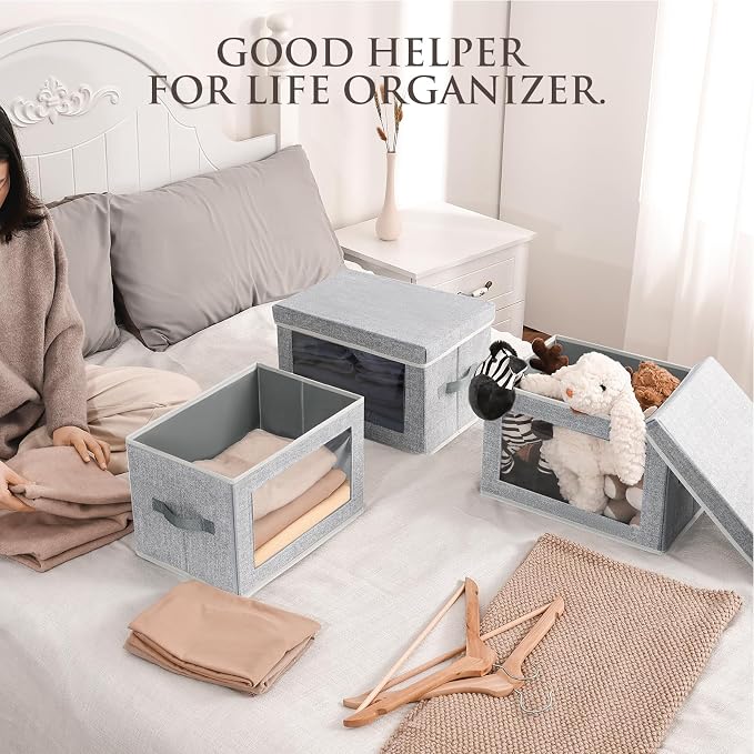Homsorout Fabric Storage Bins with Lids - 3 Packs Storage Cubes with Window, Foldable Storage Baskets Bins for shelves, Closet Storage Boxes for Towels, Clothes, Home, Office, Blended - Image 3