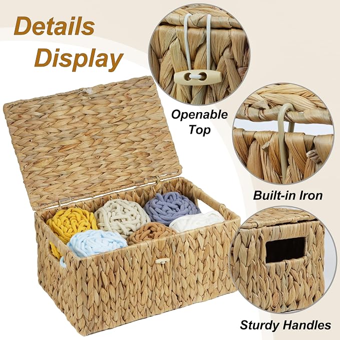 ORDELITE Set of 2 Wicker Basket with Lid, Rectangular Water Hyacinth Storage Baskets for Organizing, Decorative Woven Basket Bins Boxes for Organizing Home - Image 2