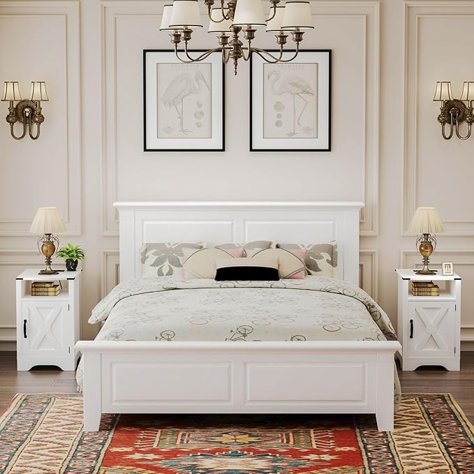 RoyalCraft 25" Tall Nightstands Set of 2, Farmhouse Nightstand with Charging Station, Large End Table with Storage, White Wood Bedside Table for Bedroom, White