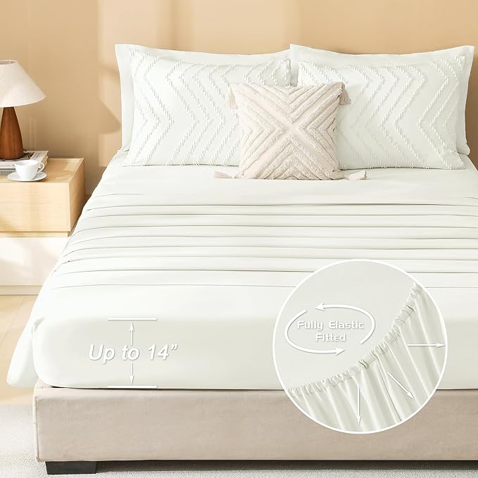 Litanika Twin Comforter Set with Sheets Ivory - 5 Pieces Boho Tufted Shabby Chic Bed in a Bag, Fluffy Soft Farmhouse Bed Set for All Seasons