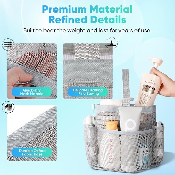 EUDELE 2 Pack Mesh Shower Caddy Portable for College Dorm Room Essentials, Shower Caddy Dorm with 8-Pocket Large Capacity,Shower Bag for Beach,Swimming,Gym All Black+All Grey - Image 3