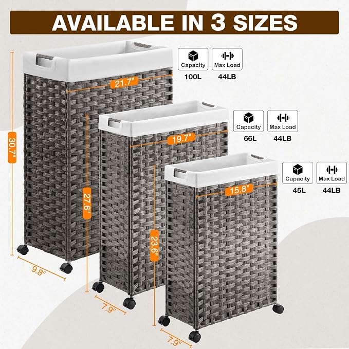 Greenstell Laundry Hamper with Wheels & Handles, 26.4 Gallon (100L) Slim Laundry Basket with 2 Removable Liner Bags & 2 Mesh Bags, Foldable Narrow Clothes Hamper for Bedroom, Bathroom, Closet, Grey - Image 8