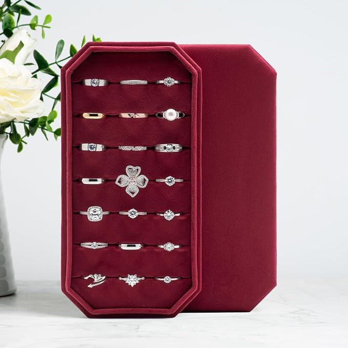 Velvet Ring Organizer Display Tray Jewelry Box Earring Holder Case for Wedding Birthday Christmas Day (Red) - Image 5