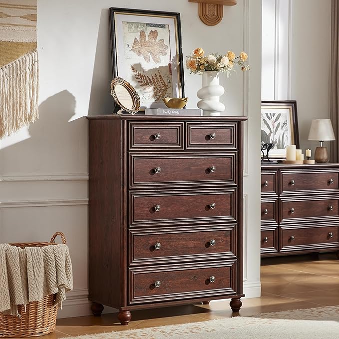 Farmhouse 6 Drawer Dresser Set of 2, Chest of Drawers for Bedroom, 43.5" Tall Walnut Kids Dresser with Roman Column and Metal Handles, Storage Dressers Organizer for Living Room, Hallway, Closet