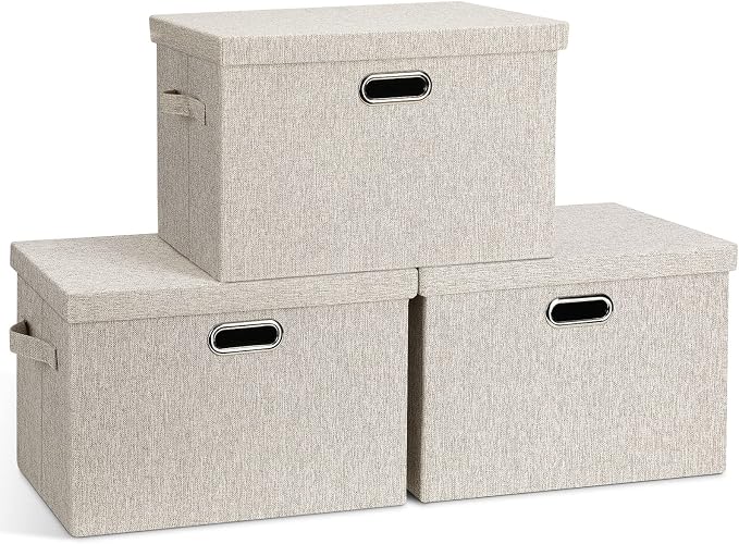 Graciadeco Large Quart Collapsible Stackable Storage Bins with Lids, 3 Packs Beige Linen Fabric Closet Boxes with Lids, Storage Cube Baskets Container Organizers for Bedroom Office(16.6 x 11.7 x 10.8) by GraciadecoStorage