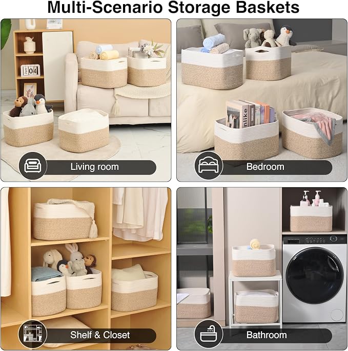 ICERZCZ Storage Baskets for Organizing & Shelves, Woven Cotton Rope Organization Bins for Dog Toys, Clothes, Books, Nursery Organizer, 15" Lx11''Wx9.5''H, (4 Packs) Off White & Brown - Image 5